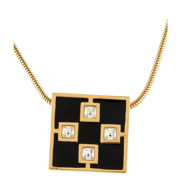 🔥EUC Givenchy 1976 Enamel Crystal Square Black Gold Plated  Pendant Necklace - Picture 3 of 7